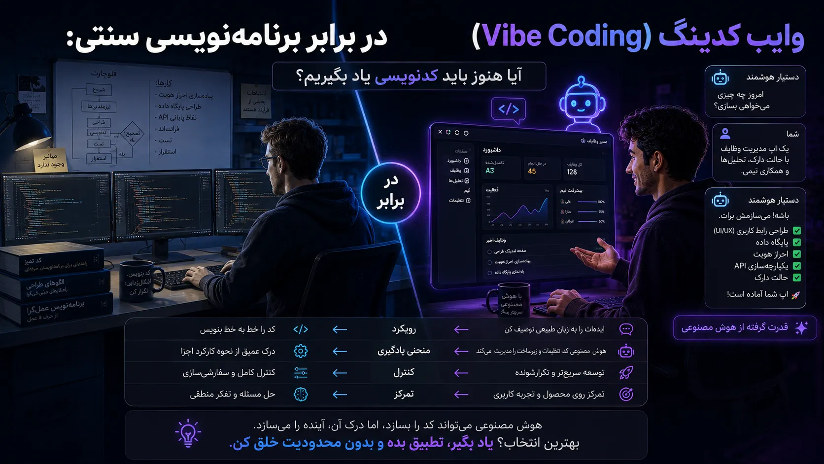 وایب کدینگ (Vibe Coding) در برابر برنامه‌نویسی سنتی: آیا هنوز باید کدنویسی یاد بگیریم؟