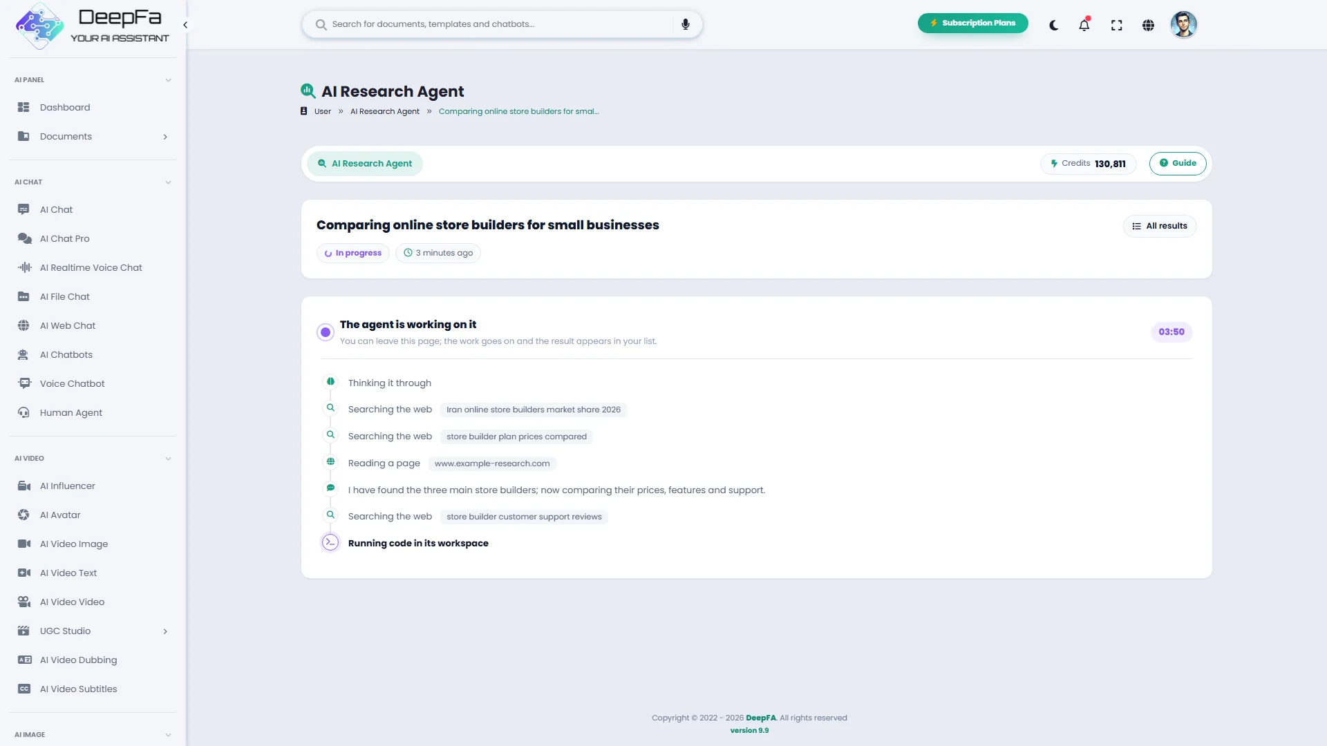 The research agent's live steps