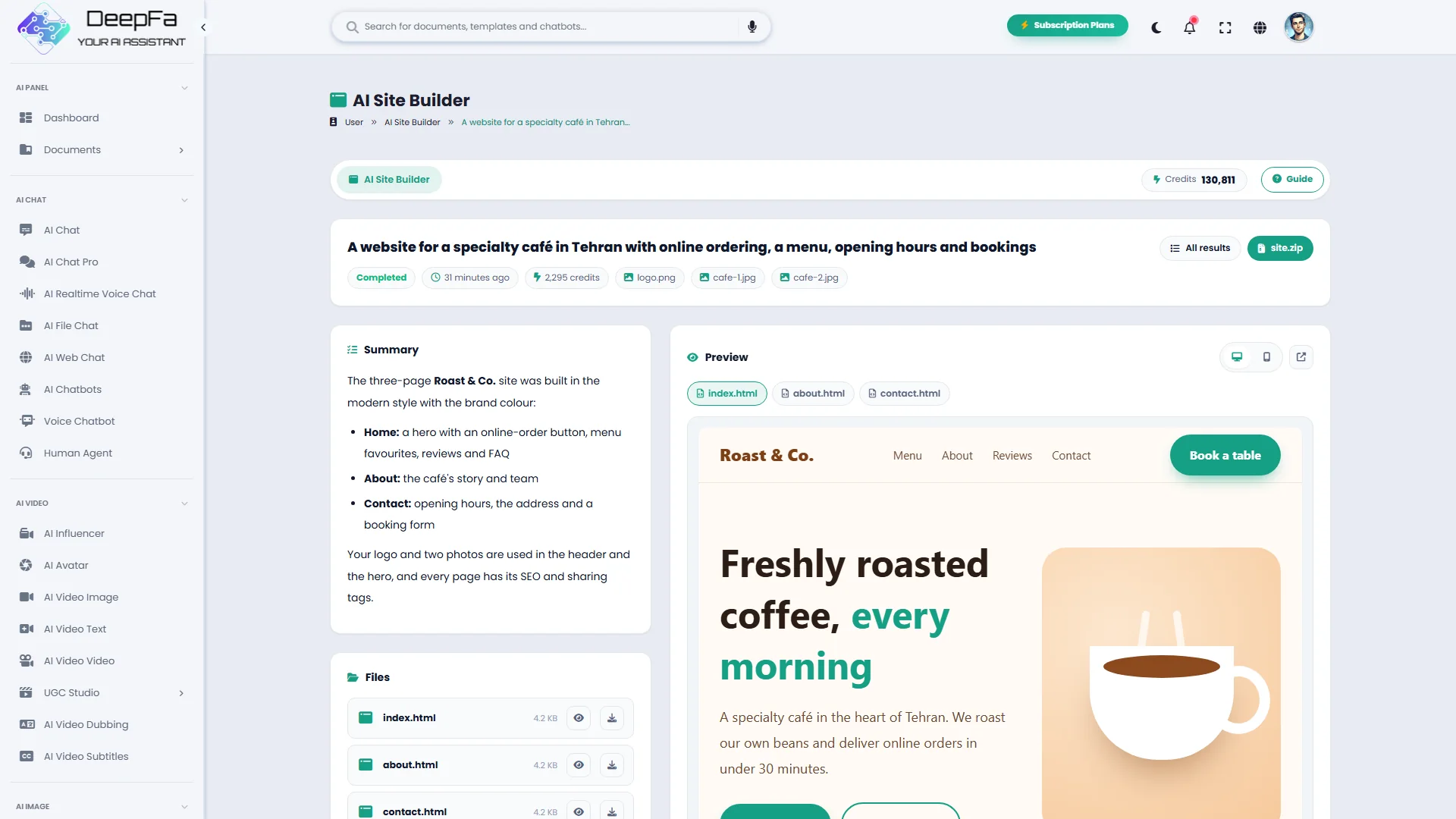 A three-page site in the preview