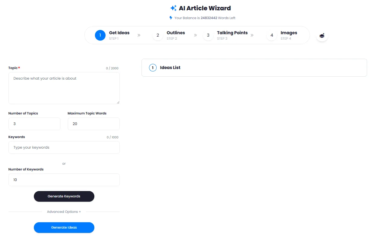 AI Article Wizard Step 1 for Generating Ideas and Keywords from a Given Topic