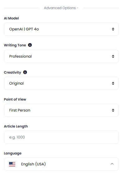 AI Article Wizard Advanced Options including Model, Tone, Creativity, Point of View, Length and Language