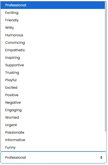 Writing Tone Selection Dropdown with Options from Professional to Funny