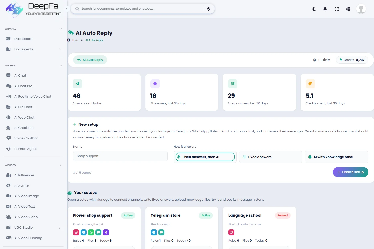 Overview: answer and cost figures, a new setup and the list of setups