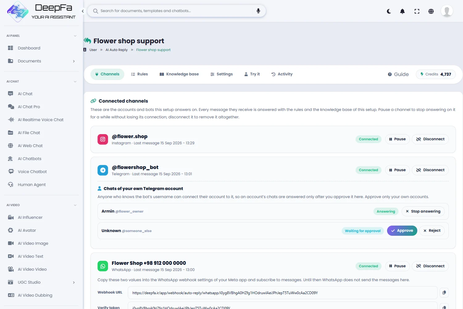 Channels: connecting Instagram, Telegram, WhatsApp, Bale and Rubika