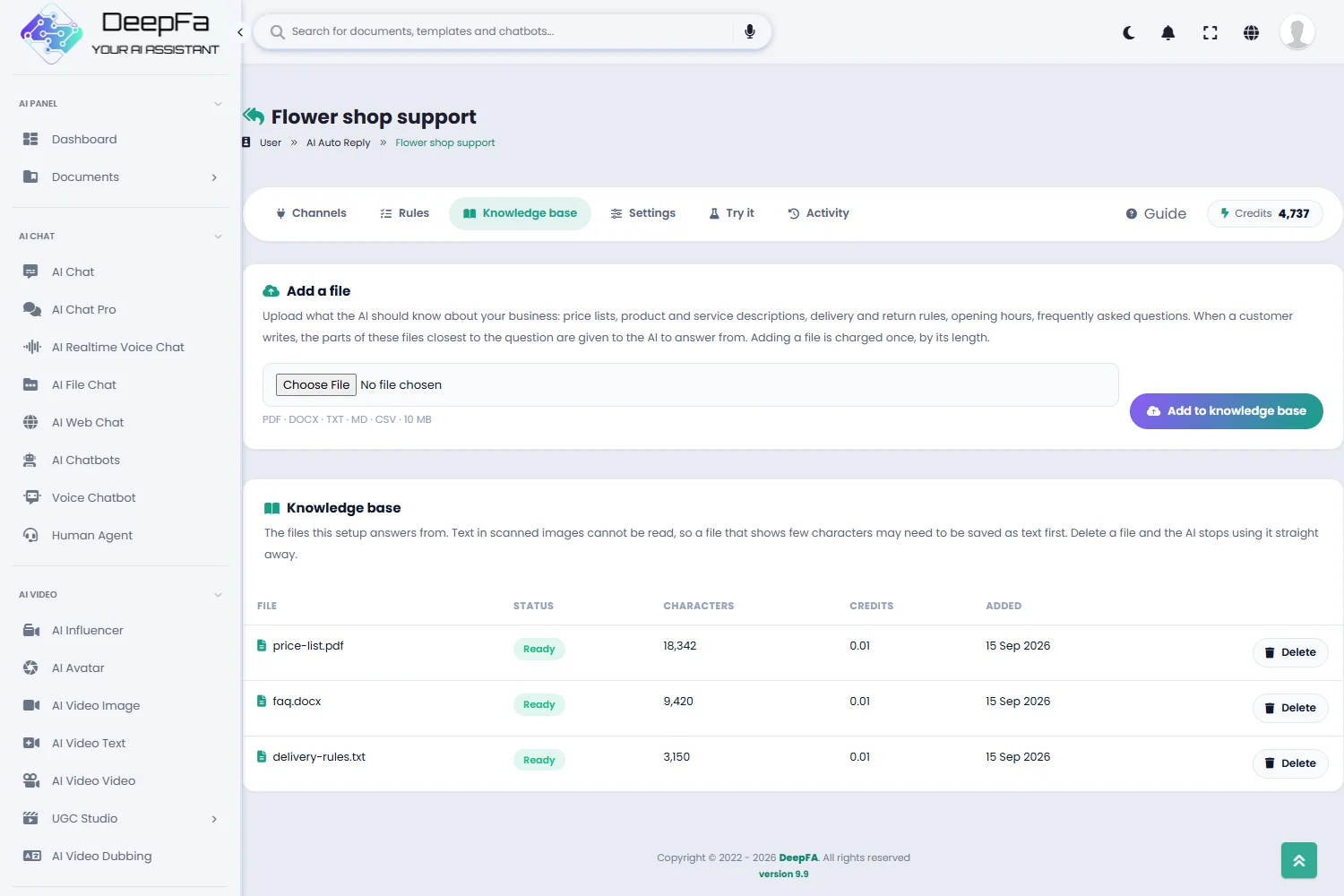 Knowledge base: the files the AI answers from