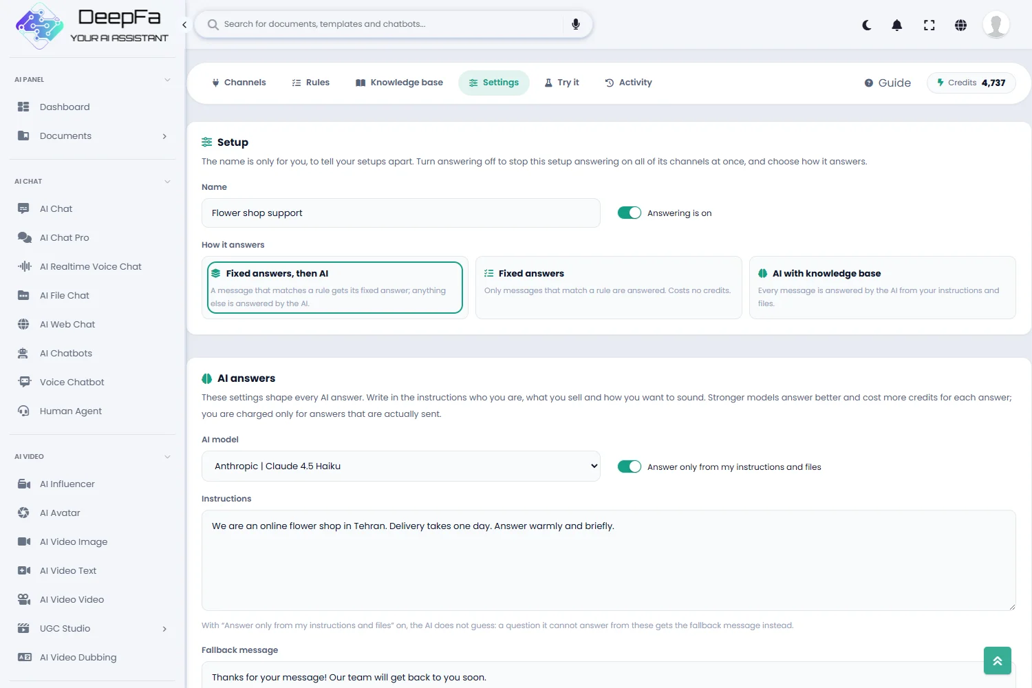 Settings: answering mode, AI model, instructions and comment replies