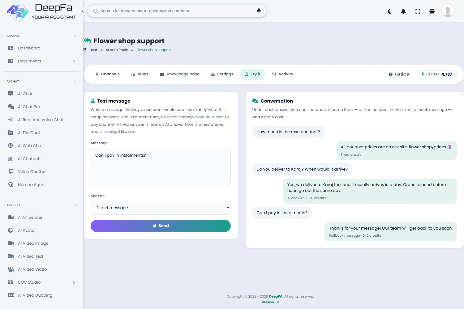 Test: a trial conversation showing the source and cost of each answer