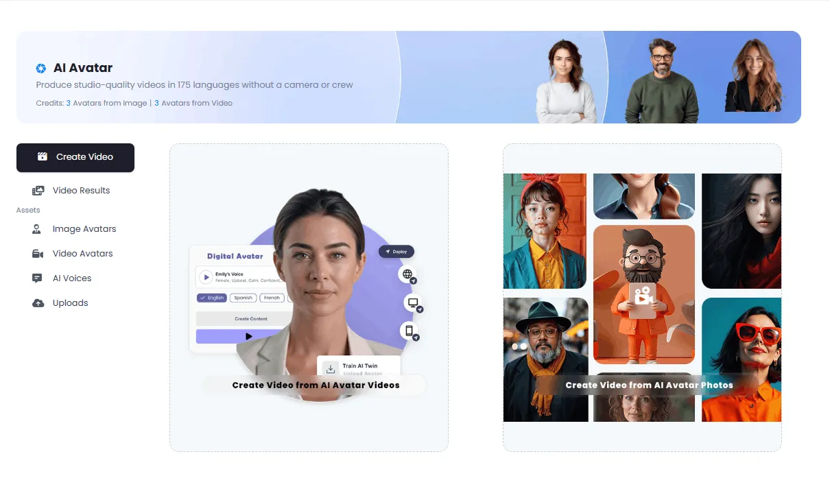 AI avatars homepage and video creation features