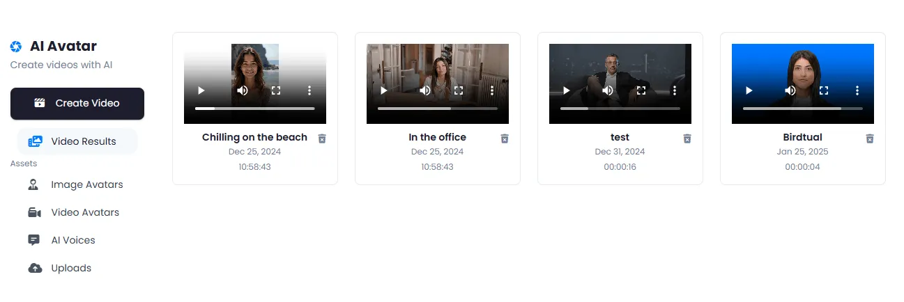 List of generated avatar videos