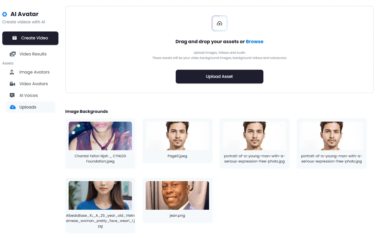 Upload assets: images, videos, and audio for custom avatars
