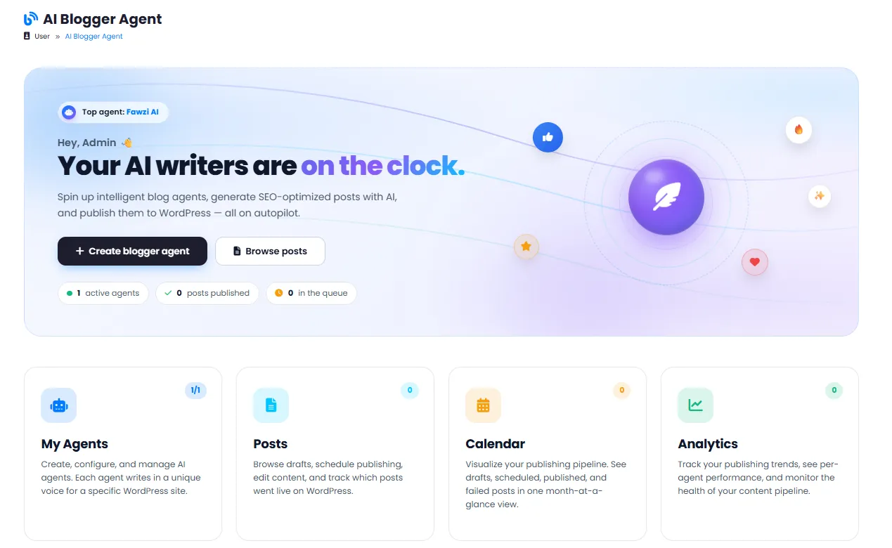 AI Blogger Agent Home Page with Overview Stats and Quick Access to Main Sections