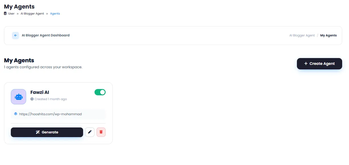 Active Blogger Agents List with Generate Post, Edit and Delete Options