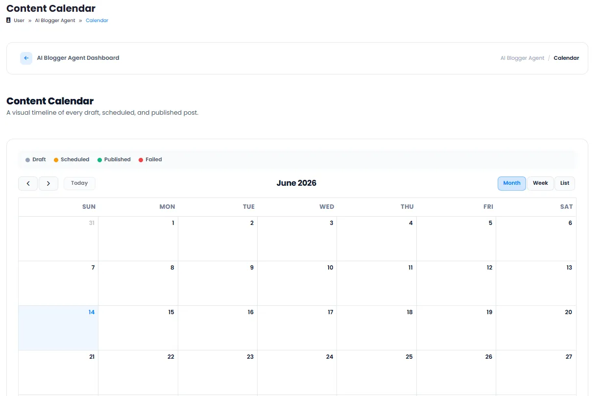 Content Calendar with Visual Timeline of Draft, Scheduled and Published Posts
