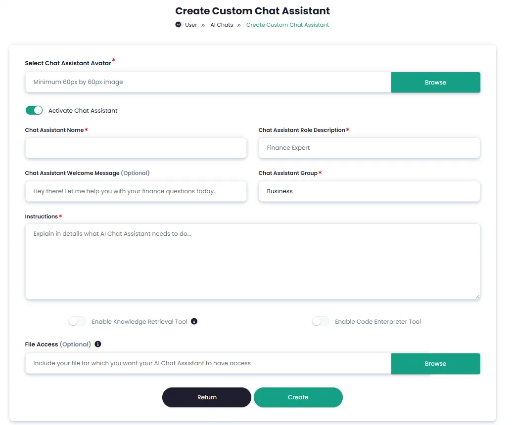 Create custom chat assistant with personalized role and instructions