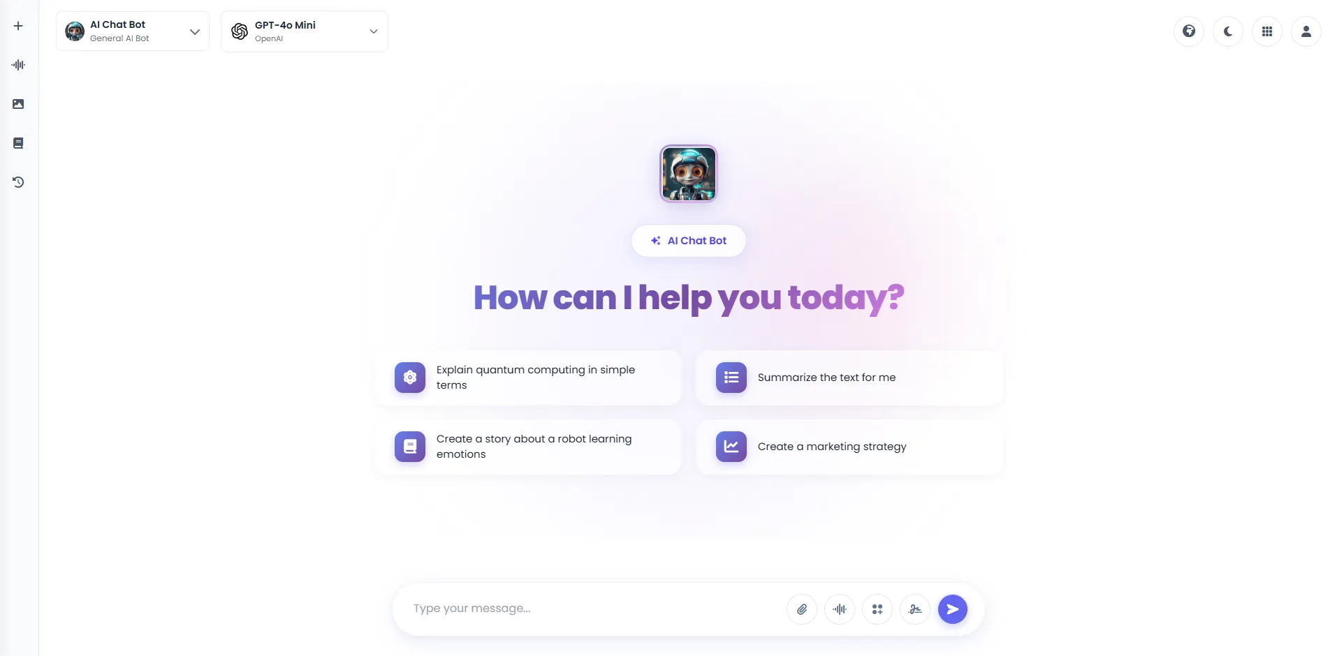 AI Chat Pro Home Screen with Smart Suggestions to Start Conversation