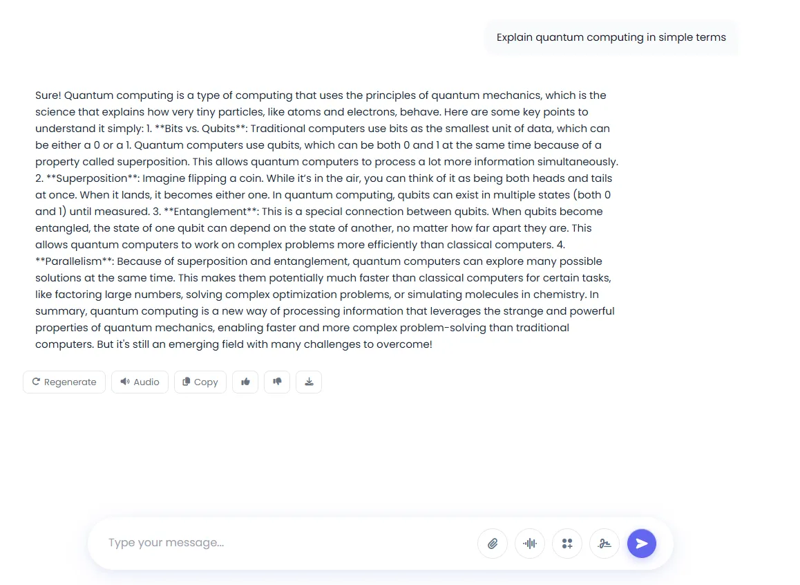 AI Response Display with Regenerate, Audio and Copy Options in AI Chat Pro