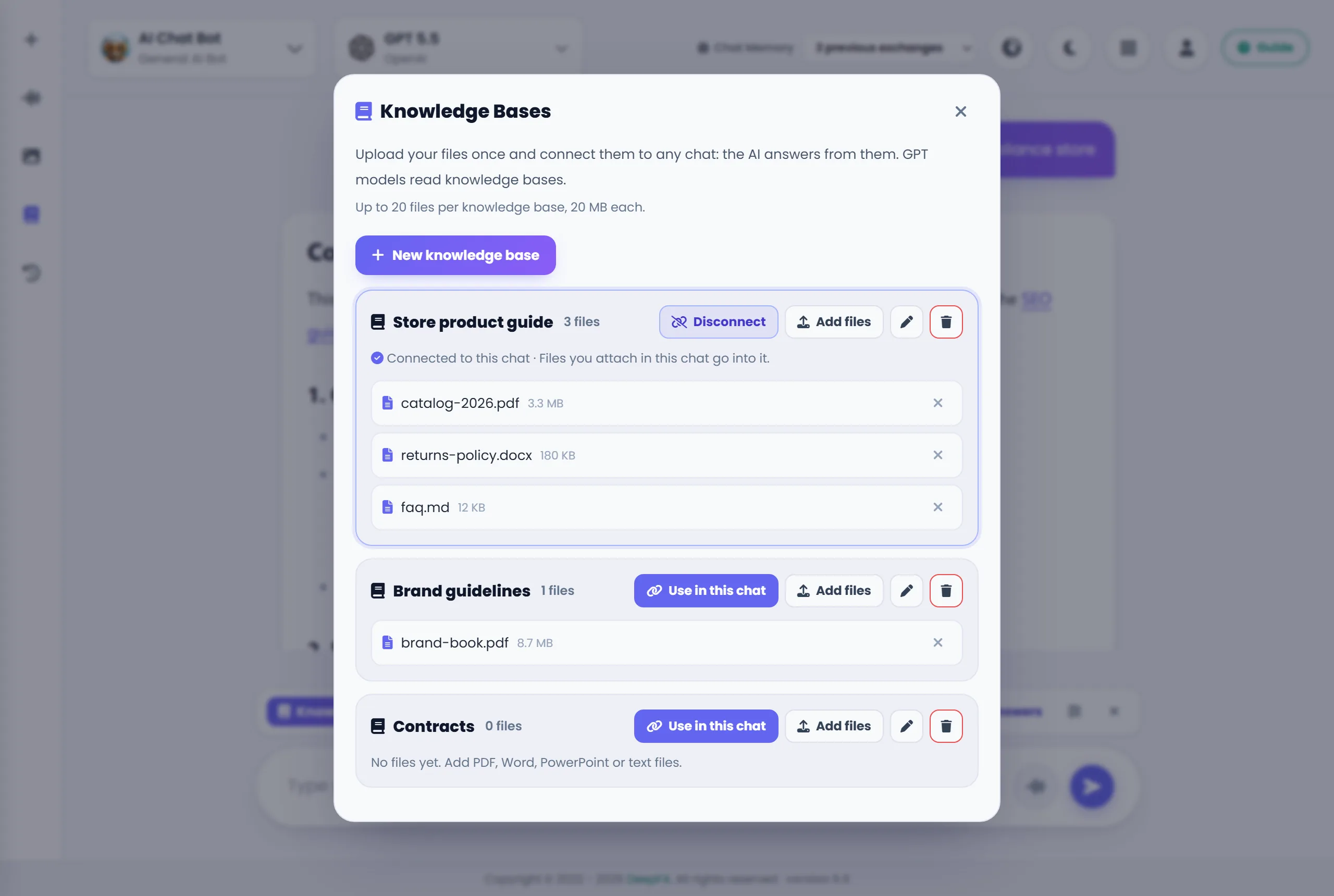 Knowledge bases: upload files once and connect them to any chat