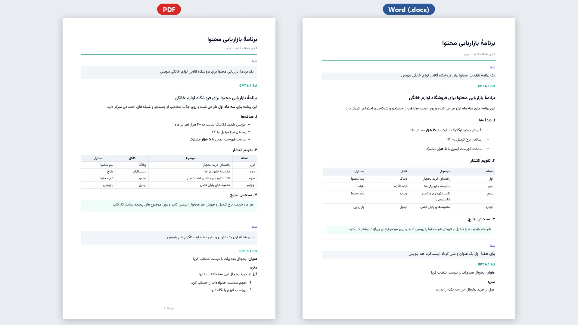 فایل Word و PDF همان گفتگو: فارسی راست‌به‌چپ، با تیتر، فهرست و جدول