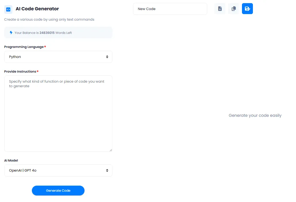 AI code generator interface