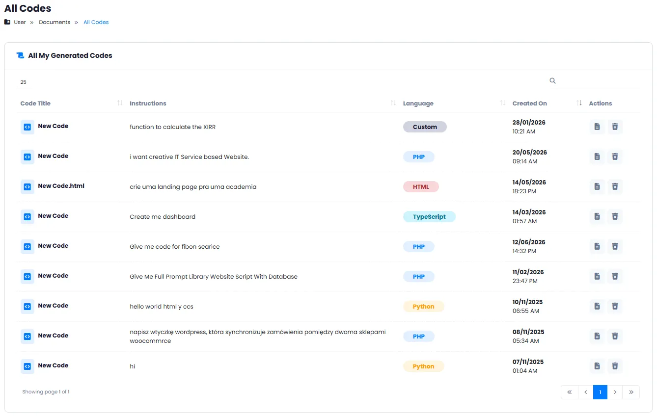 History and management of generated codes
