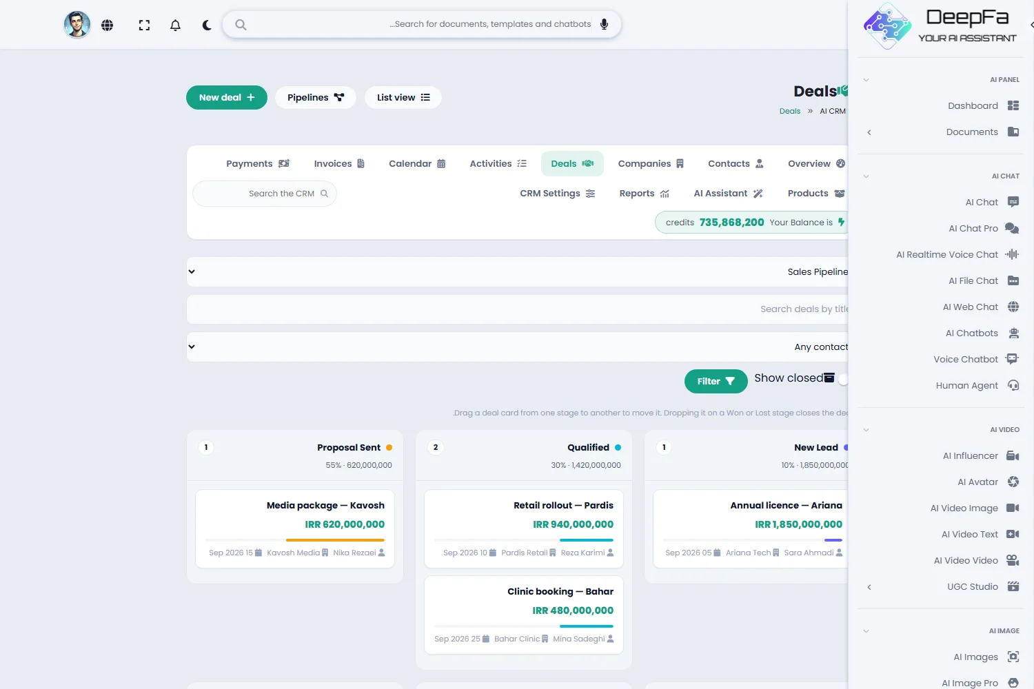 The contact list with search, tags and AI-generated lead scores