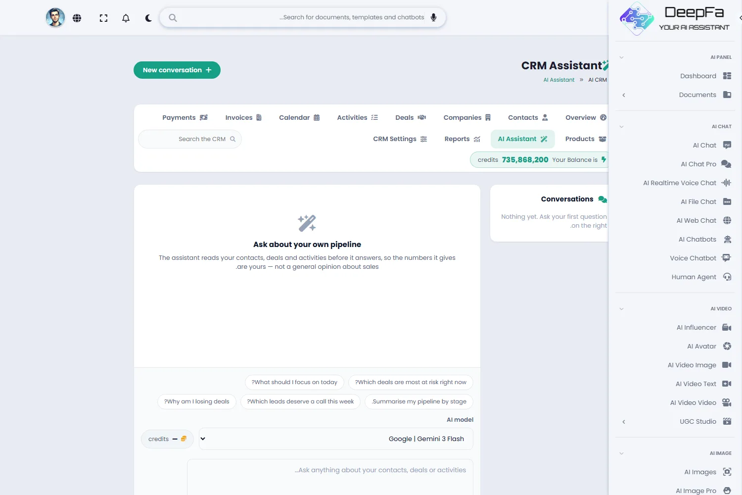 CRM settings: currency, AI model, custom fields and data export