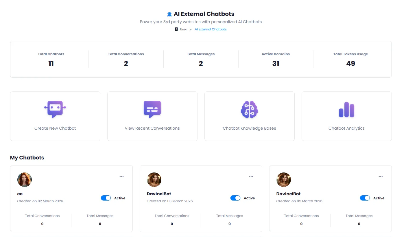 AI External Chatbot Management Dashboard with Overview Stats and Chatbot List