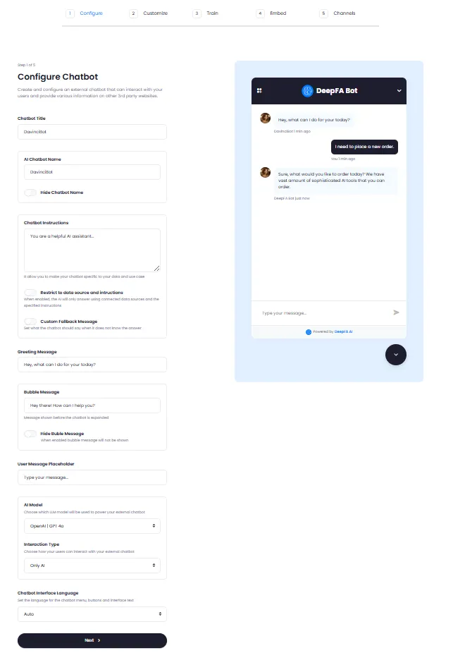 External Chatbot Configuration Form with Instructions, Model and Greeting Message Settings