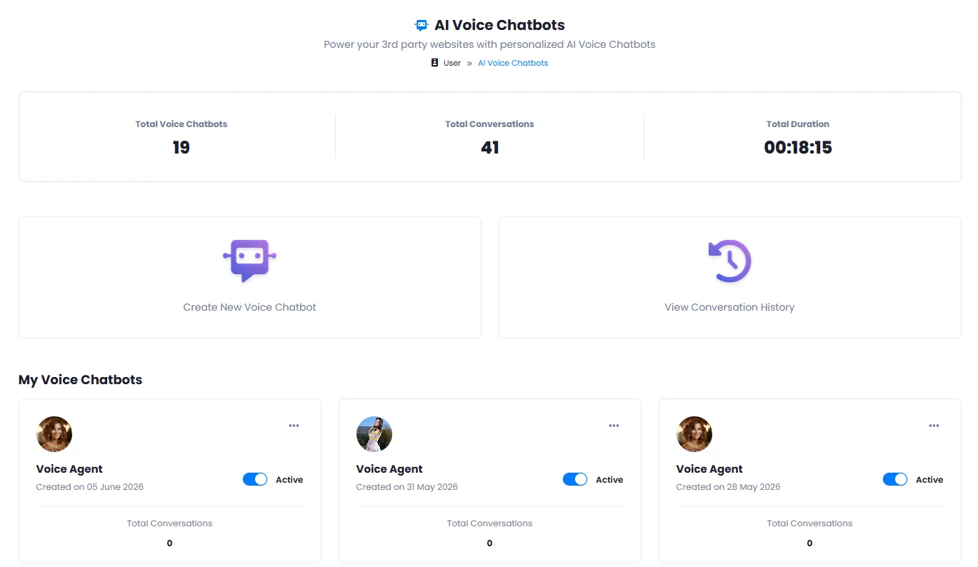AI Voice Chatbot Management Dashboard with Overview Stats and Voice Agent List