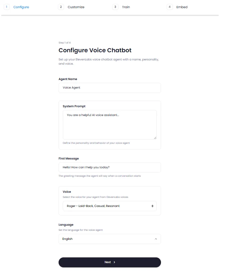 Voice Chatbot Configuration Form with Voice, Language and First Message Settings