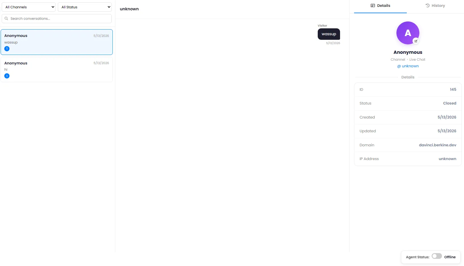 Recent Chatbot Conversations View with Visitor Details and Channel Information