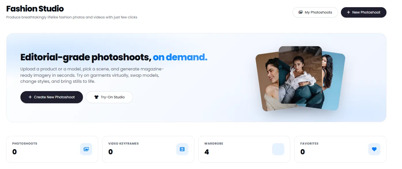 Fashion Studio main dashboard with photoshoot stats