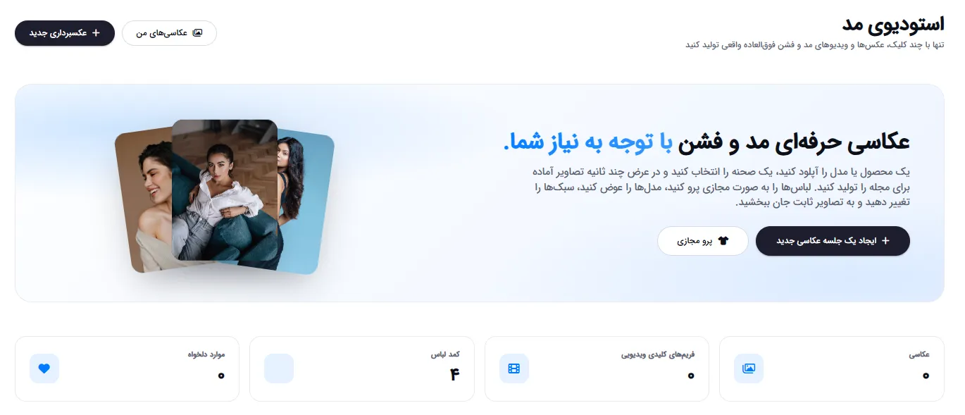 داشبورد اصلی استودیوی مد با آمار عکاسی‌ها