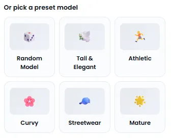 Model preset selection: random, athletic, streetwear, and more