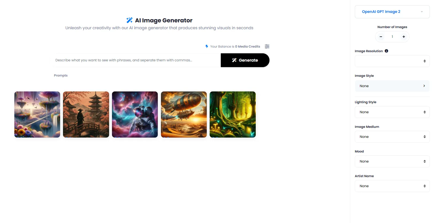 AI image generator interface with sample output images