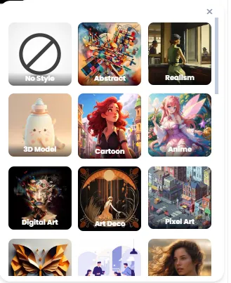 Image style selection: anime, realism, digital art, and more