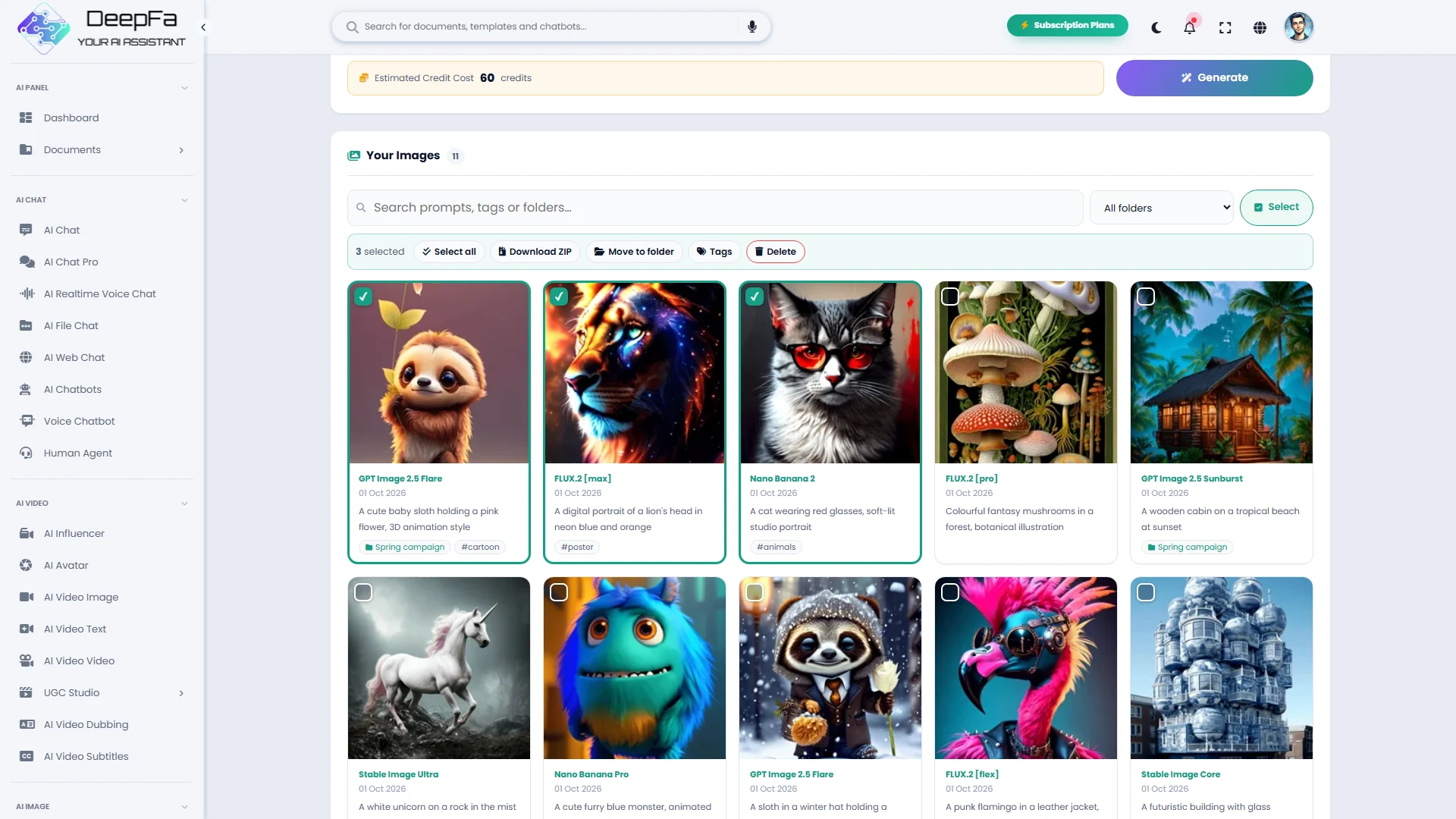 Choosing several pictures to download as a ZIP, move to a folder, tag or delete