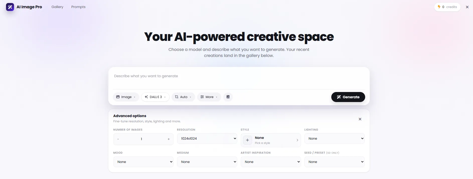 AI Image Pro interface with advanced generation settings