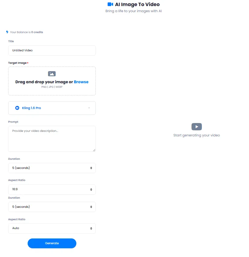 Image to video tool interface and target image upload