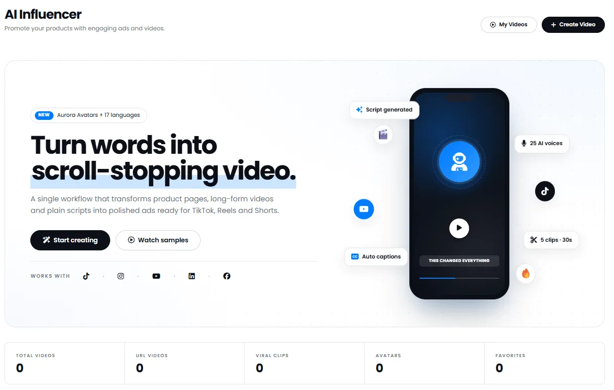 AI influencer dashboard and video management