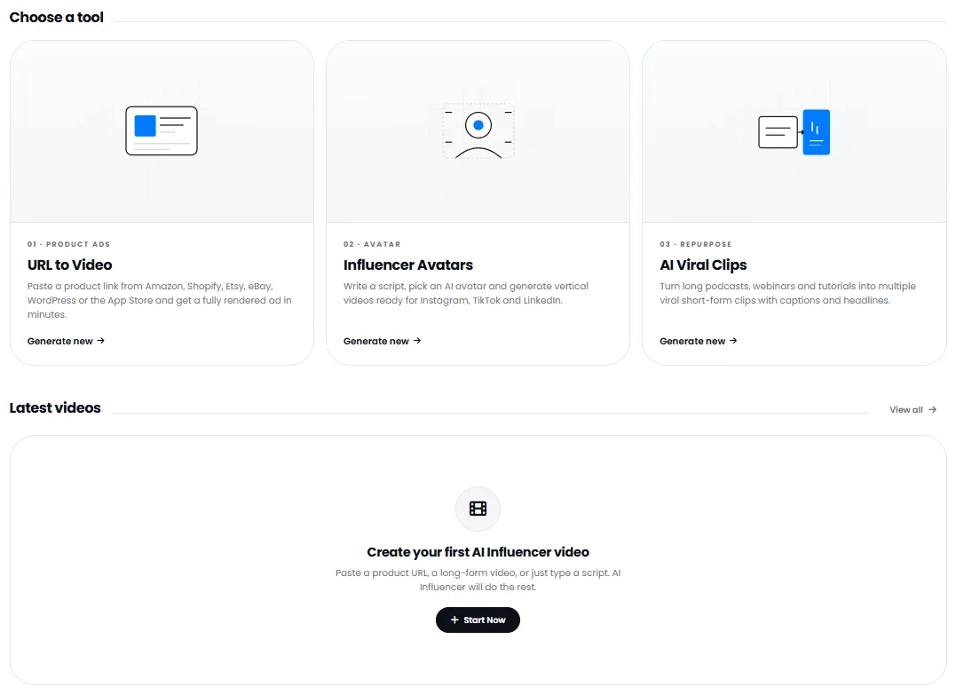 Tool selection: product link, virtual avatar, viral clips