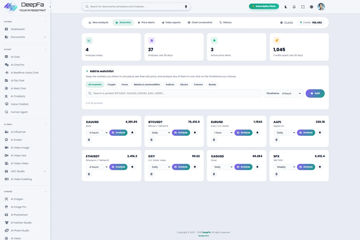 Watchlist: followed symbols with live prices