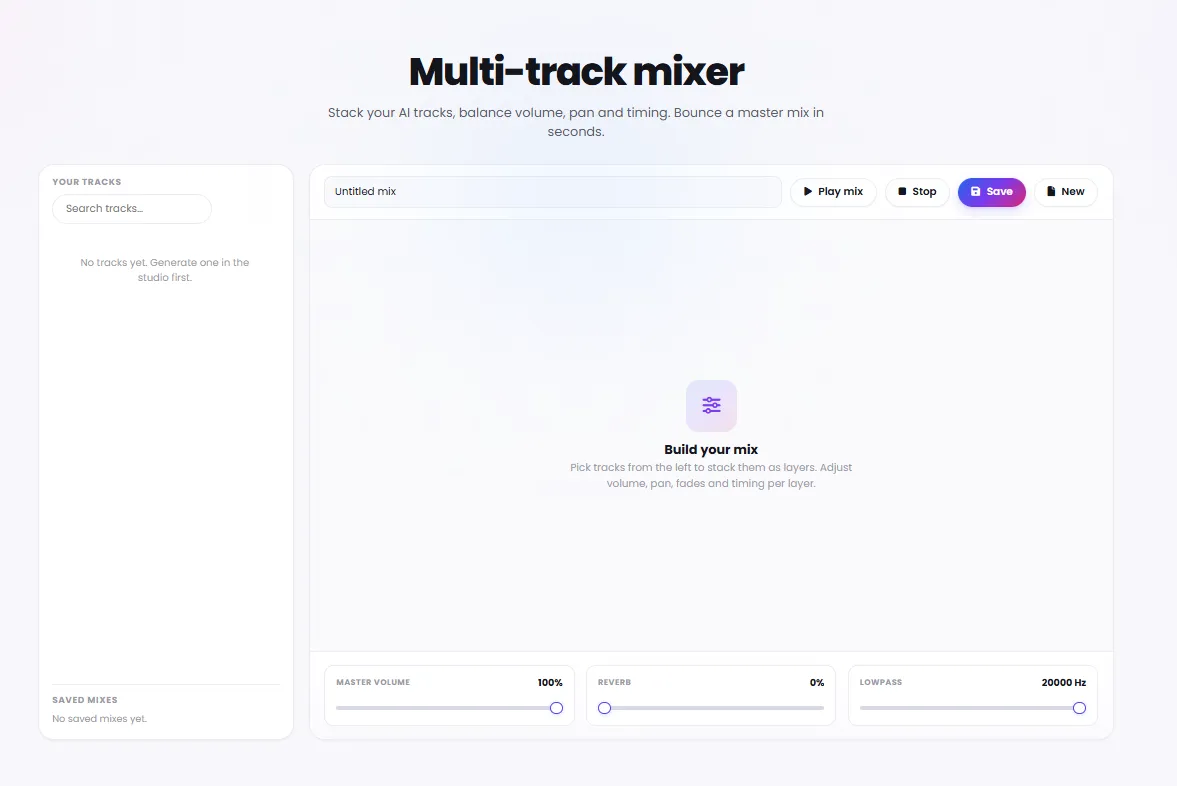Multi-Track Mixer for Stacking and Adjusting Volume, Pan and Effects of Tracks
