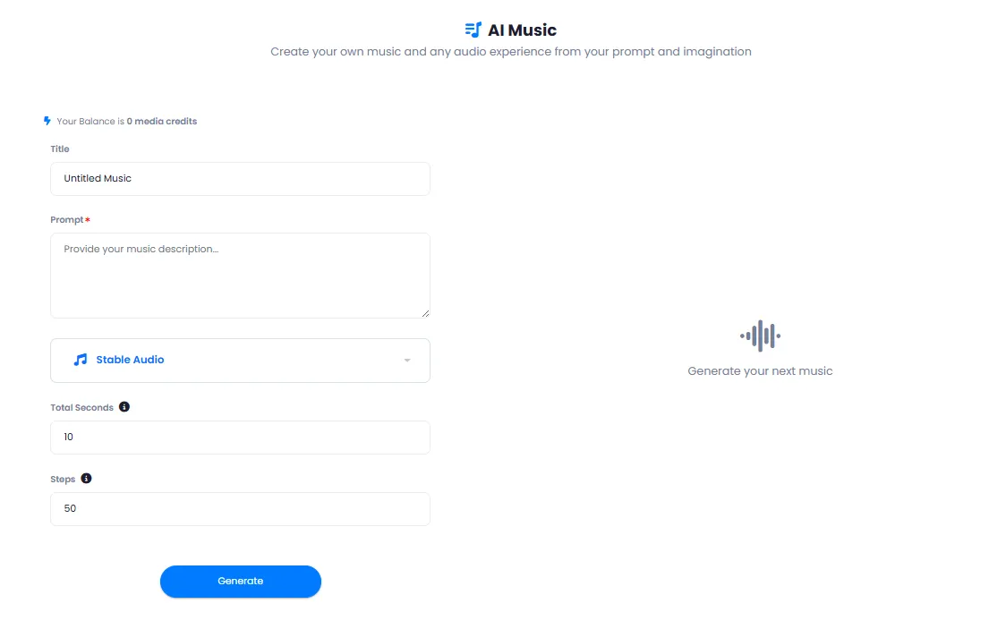 AI Music Generation Page with Prompt Field and Duration and Quality Settings