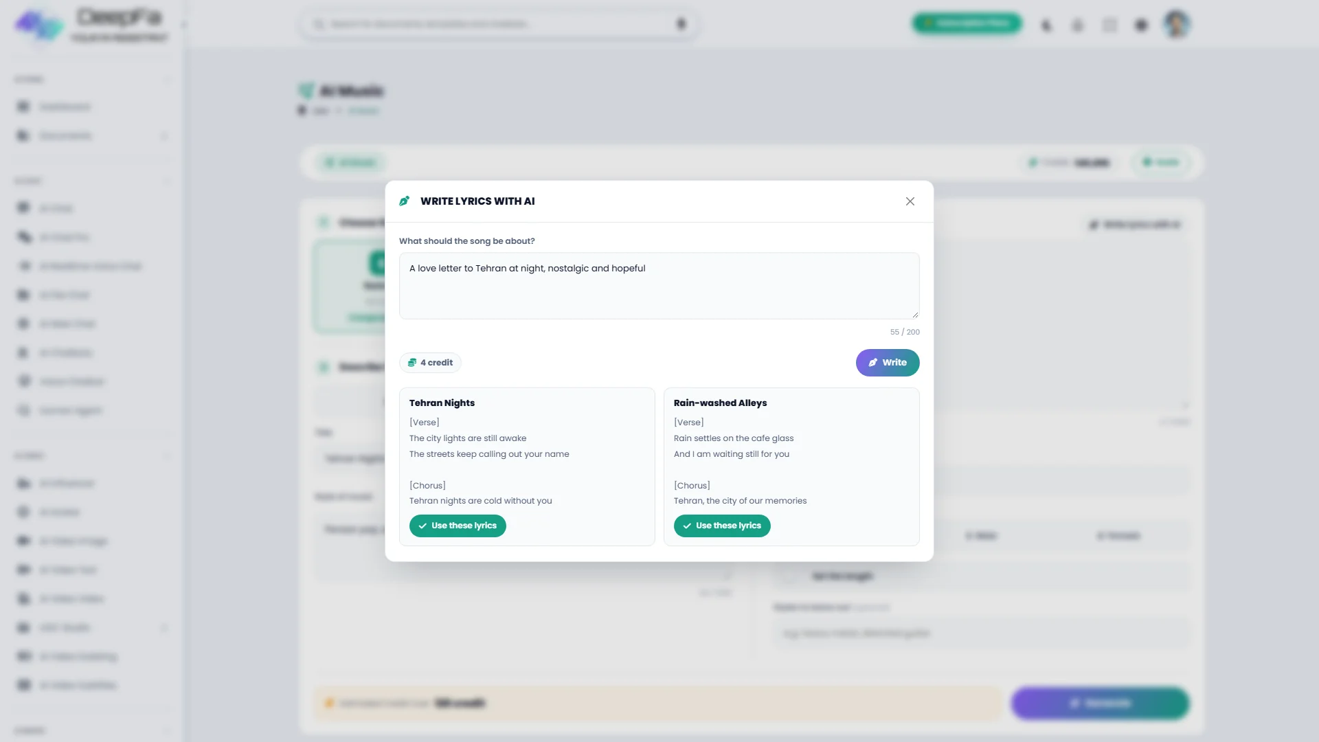 Writing lyrics with AI and picking one of the drafts