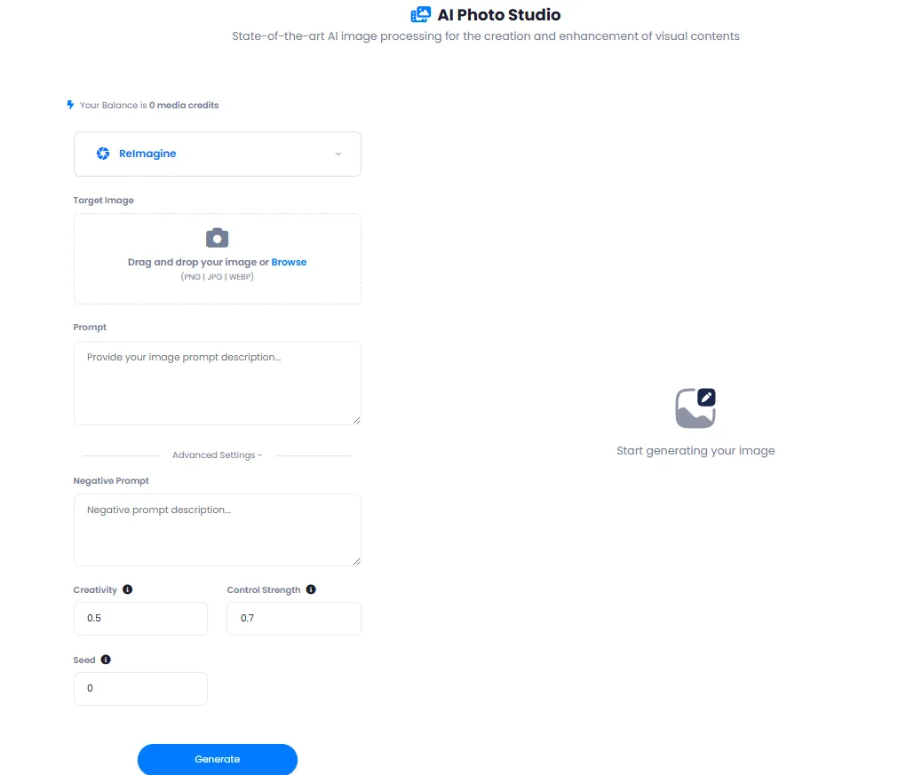 AI Photo Studio interface with advanced image editing settings