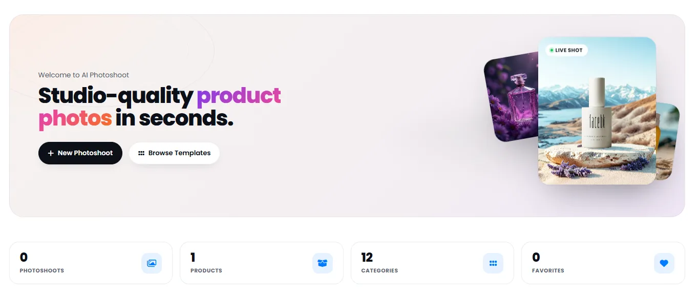 AI product photoshoot main dashboard
