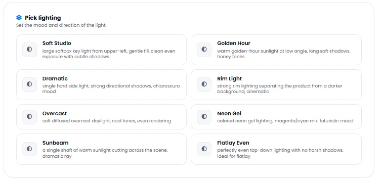 Product lighting style selection