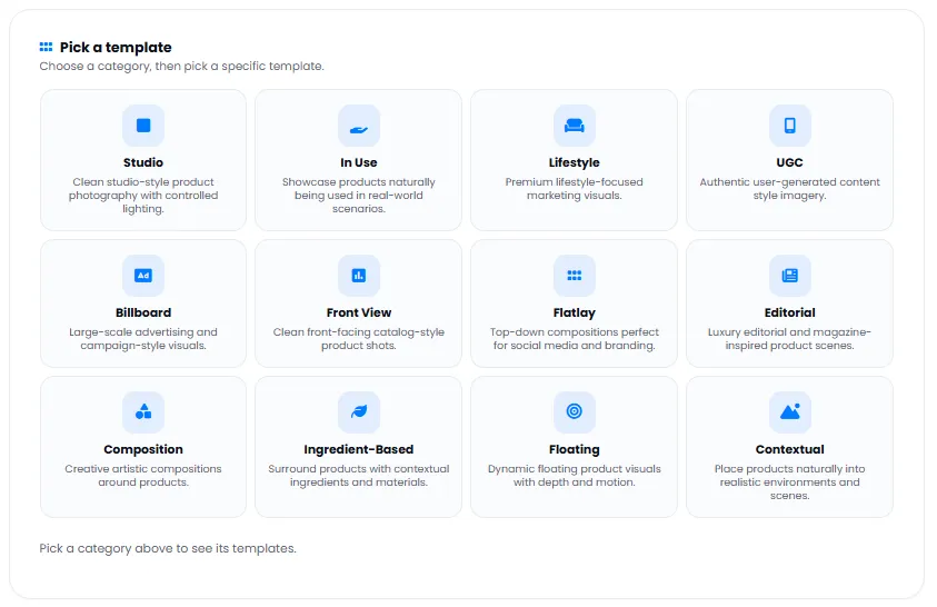 Photoshoot template selection: studio, lifestyle, billboard, and more