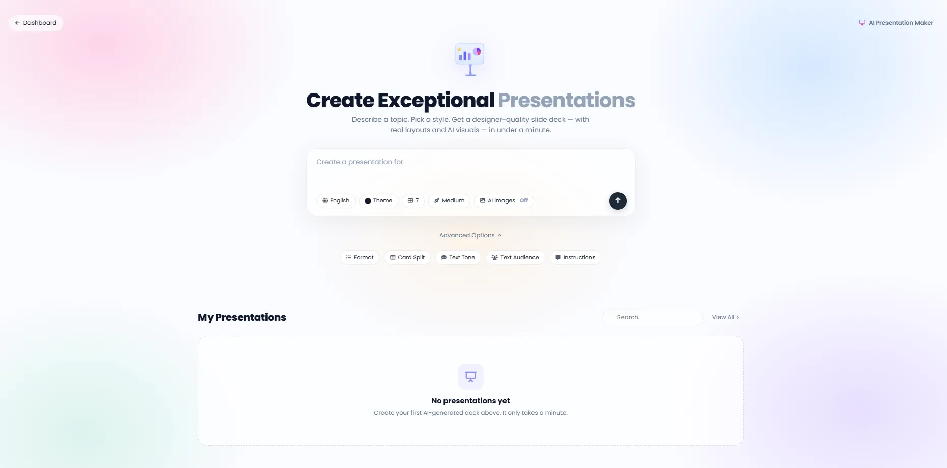 AI Presentation Maker Home Page with Slide Creation Form and Advanced Options